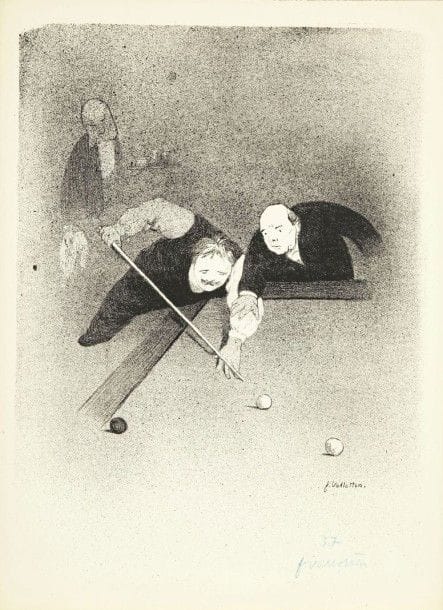 Félix Vallotton (1864-1925)
Les Raseurs. 1893. Lithographie. 258 x 360. Vallotton et Goerg 42. Très belle et fraîche épreuve sur vélin glacé crème, numérotée et signée au crayon bleu. L’indentation de la pierre très visible. Petites marges normales. Tirage à 100 épreuves. (Planche reproduite dans L’Escarmouche du 17 décembre 1893).																												