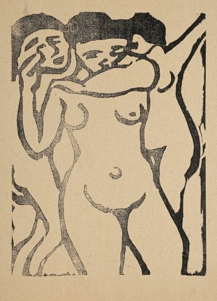 Maurice de Vlaminck (1876-1958)
Au bordel. Vers 1906. Bois gravé. 179 x 244. Waterskirchen 1. Intéressante épreuve, vraisemblablement d’essai, du tirage effectué pour l’éditeur Florent Fels en 1920, tirée légèrement de guingois sur vergé beige mince, finement doublée sur japon mince. Petites taches claires dans l’angle supérieur gauche. Petit manque irrégulier dans l’angle inférieur gauche du feuillet. Toutes marges. « D’après Vlaminck, ce bois a été taillé au canif à l’époque de Chatou, dans la planche du W.C. qu’il partageait avec André Derain… Je ne sais s’il existe un tirage du « bordel » datant de cette époque. Lorsque je fis paraître en 1920 Action j’offris aux souscripteurs de luxe des encarts, ou suppléments peints ou gravés… [Vlaminck] m’apporta spontanément la planche des cabinets qu’il avait conservée, car c’est une exceptionnelle xylographie. Elle fut imprimée sous une presse de l’imprimerie Union. D’abord sur un beau papier (chutes de hollande, de chine et de Madagascar) ; puis nous avons trouvé au cours de nos promenades un vieux registre notarial. On termine là-dessus le tirage (environ 30 exempl.) qui ravissent Vlaminck car il donna les plus beaux noirs, mieux que Chine et hollande ». (Lettre de Florent Fels, en date du 7 juillet 1969, citée par K. de Walterskirchen, Vlaminck, œuvre gravé, Flammarion, 1974, p. 271, note 1).