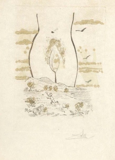 Salvador DALI (1904-1989)
À l’éternelle Madame ; Pudentiane (2 pl. pour Tristan Corbière, Les Amours Jaunes). 1974. Pointe sèche et relief à l’or (par Bellini et Jacomet). 215 x 300. Michler et Löpsinger 694 et 700. Très belles et fraîches épreuves d’un tirage à 100 sur japon nacré, signées au crayon. Toutes marges. 																												
