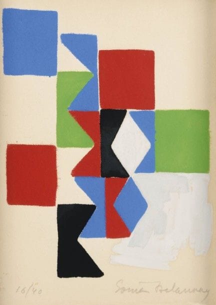 Sonia DELAUNAY (1885-1979)
Hommage à Tzara. Vers 1970. Pochoir en couleurs. [140 x 190]. Belle épreuve sur vélin, reprise à la gouache blanche, numérotée et signée au crayon. Toutes marges. Tirage à 40 épreuves. Cadre.																												