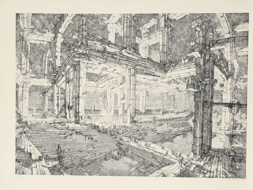 Érik DESMAZIÉRES (né en 1948)
Le Feu. 1973. Eau-forte. 672 x 470. Fitch 8. Très belle épreuve sur vélin, numérotée, signée et datée au crayon. Infime trace d’oxydation marginale. Toutes marges. Tirage à 90 épreuves. 																												