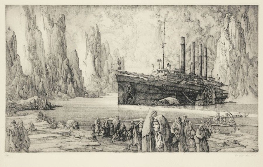Érik DESMAZIÉRES (né en 1948)
Le Débarquement. 1975. Eau-forte. 510 x 295. Fitch 18. Très belle épreuve sur vélin, numérotée, signée et datée au crayon. Très légère insolation. Toutes marges. Tirage à 90 épreuves. Cadre. 																												