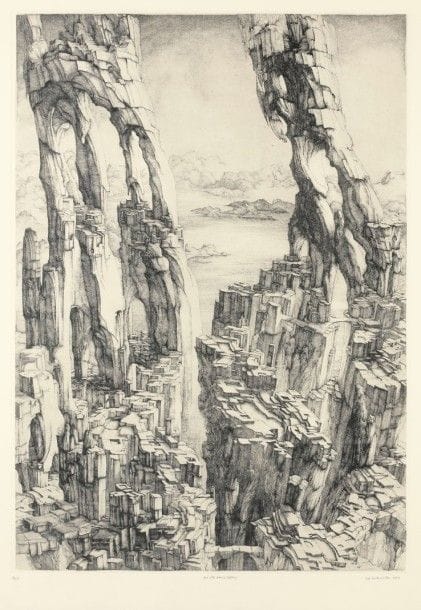 Érik DESMAZIÉRES (né en 1948)
Une ville dans les falaises. 1977. Eau-forte. 480 x 660. Fitch 27. Parfaite épreuve sur vélin blanc, numérotée, titrée, signée et datée au crayon. Toutes marges. Tirage à 90 épreuves. Cadre. 																												