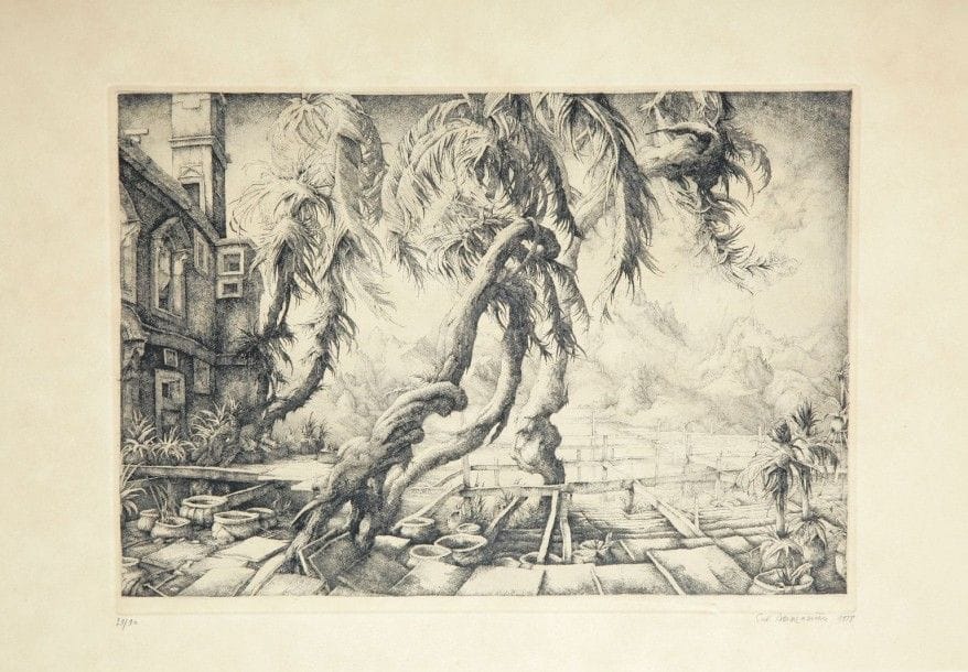 Érik DESMAZIÉRES (né en 1948)
Jardin en Italie. 1978. Eau-forte. 295 x 218. Fitch 31. Belle épreuve sur vélin, oxydée, numérotée, signée et datée au crayon. Toutes marges. Tirage à 90 épreuves. Cadre. 																												
