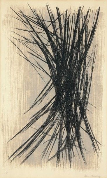 Hans HARTUNG (1904-1989)
L 10. 1957. Autographie. 310 x 505. Mason 86. Impression en deux tons (noir et gris bleuté). Belle épreuve sur vélin, légèrement oxydée, numérotée et signée au crayon. Tirage à 100 épreuves. Marges. Cadre.																												