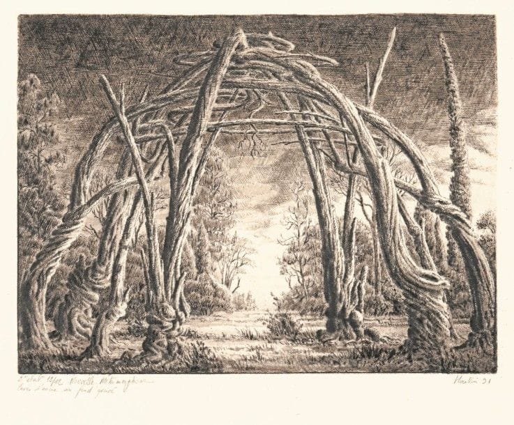 François HOUTIN (né en 1950)
Entrées nord, sud, est et ouest du jardin des Délices. 1978-1979 ; Nouvelles Métamorphoses. 1991 ; Sérénité. 1993. Eau-forte ; pointe sèche. Formats divers. Parfaites épreuves, annotées ou numérotées, titrées, signées et datées au crayon, l’une en épreuve d’état largement reprise au lavis d’encre de Chine, la dernière avec le timbre sec de la Société des Peintres-Graveurs Français (Lugt 1195a). Ens. 6 p.																												