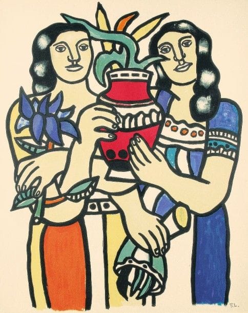 Fernand Léger (1881-1955) (d’après)
Deux femmes avec un vase. Vers 1960. Lithographie. 480 x 625. Impression en couleurs. Très belle épreuve sur vélin crème. Les bords du feuillet très légèrement oxydés. Toutes marges. 																												