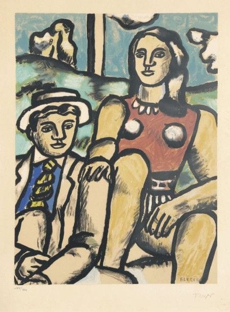Fernand Léger (1881-1955) (d’après)
Femme et homme en chapeau. Vers 1978. Lithographie d’après le tableau La Partie de campagne (fragment). 420 x 540. Impression en couleurs. Belle épreuve sur vélin, oxydée, numérotée au crayon et timbrée. Timbre sec : Musée Fernand Léger / Biot. Marges. Tirage à 350 épreuves. Cadre.																												