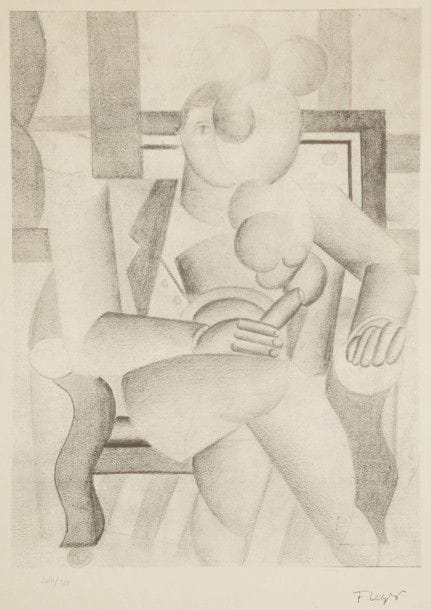 Fernand Léger (1881-1955) (d’après)
L’Homme au cigare. Vers 1970. Procédé Jacomet. 338 x 458. Très belle épreuve sur vélin, numérotée au crayon et timbrée. Légère oxydation aux bords du feuillet. Timbre sec : Musée Fernand Léger / Biot. Marges. Tirage à 300 épreuves. 																												