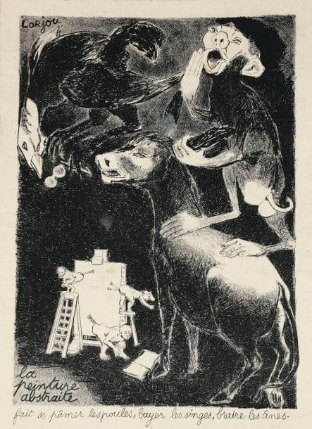 Bernard LORJOU (1908-1986)
La Peinture abstraite fait se pâmer les poules, bayer les singes, braire les ânes. Vers 1948. Lithographie. 250 x 365. Belle épreuve sur vélin mince, collée par les bords sur vélin fort. Menus accidents aux bords du feuillet. Quelques rousseurs claires. Toutes marges. 	Provenance : collection du critique d’art Jean Bouret (1914-1979). Celui-ci prôna le retour au réalisme en peinture. Avec Bernard Lorjou, il organisa une exposition qui, le 21 juin 1948, réunit galerie du Bac, aux côtés de Lorjou et de sa compagne Yvonne Mottet, les peintres de la Ruche : Michel de Gallard, Paul Rebeyrolle et Michel Thompson. À cette occasion, Bouret, en prônant un retour au réalisme, incita les peintres à rompre avec les tendances de l’art contemporain. Un groupe de « l’homme témoin » se constitua alors, fondateur du mouvement connu par la suite sous le nom de « Jeune Peinture » (source : Wikipédia).																											