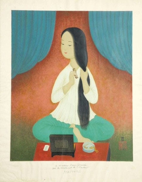 Mai-Thu (Mai Trung Thu, dit) (vietnamien, 1906-1980) (d’après)
Jeune Asiatique se coiffant. Vers 1960. Sérigraphie en couleurs. 460 x 540. Très belle épreuve sur soie, dédicacée en pied « A Madame Annie Germain / avec les compliments de l’auteur » et signée au feutre. Infimes craquelures dans le sujet. Toutes marges. Cadre. 																												