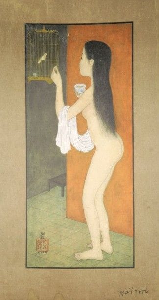 Mai-Thu (Mai Trung Thu, dit) (vietnamien, 1906-1980) (d’après)
Jeune fille à la cage. Vers 1968. Procédé photomécanique. 246 x 535. Impression en couleurs. Belle épreuve sur soie, signée. Auréoles d’humidité en pied. Marges. Cadre. 	Ce sujet a également été tiré sous forme d’affiche, avec la lettre, pour une exposition « La Femme vue par Maï-Thu » à la galerie Cardo-Matignon, du 21 mai au 15 juin 1968. 																											