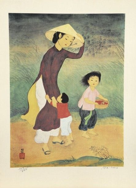 Mai-Thu (Mai Trung Thu, dit) (vietnamien, 1906-1980) (d’après)
Le Coup de vent. Vers 1970. Procédé photomécanique. 360 x 480. Impression en couleurs. Très belle et fraîche épreuve sur soie, doublée sur vélin glacé, numérotée et signée au stylo-bille. Toutes marges. Tirage à 450 épreuves. 																												