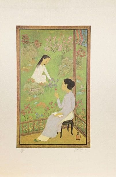 Mai-Thu (Mai Trung Thu, dit) (vietnamien, 1906-1980) (d’après)
Femmes au jardin. Vers 1970. Procédé photomécanique. 280 x 470. Impression en couleurs. Très belle et fraîche épreuve sur soie, doublée sur vélin glacé, numérotée et signée au crayon. Toutes marges. Tirage à 450 épreuves.																												