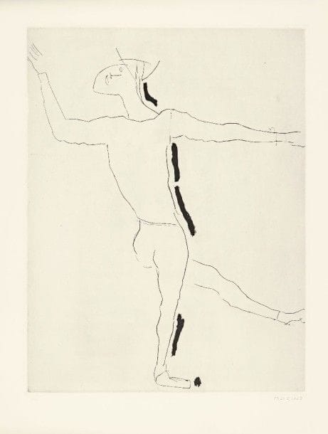 Marino Marini (italien, 1901-1980)
Gioco I (Jockey I) (pl. 1 de la suite Personnages). 1973. Eau-forte. 490 x 640. Guastalla A166. Très belle épreuve sur vélin blanc, numérotée et signée au crayon. Petits plis et enfoncements aux bords du feuillet. Toutes marges. Tirage à 50 épreuves. Timbre sec : Il Cigno Stamperia d’Arte. 																												