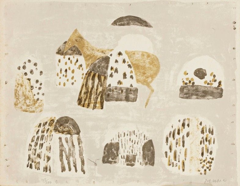 Zoran Muši? (slovène, 1909-2005)
Motif dalmate. 1953. Lithographie. 320 x 245. Impression en couleurs. Très belle épreuve sur vélin, numérotée et signée au crayon. Petite auréole d’humidité en pied. Marges étroites normales. Tirage à 300 épreuves. 	Planche parue dans le dépliant de la Galerie de France pour l’exposition de l’artiste, du 27 novembre au 26 décembre 1953. 																											