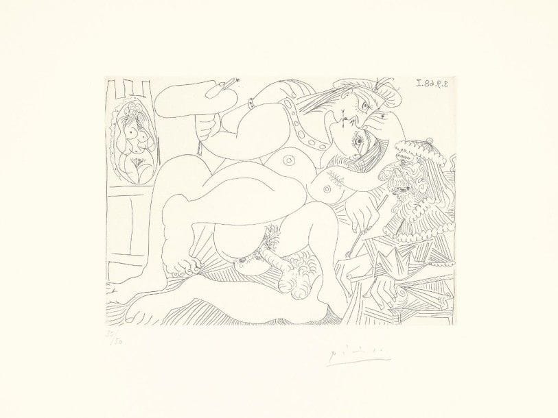 Pablo Picasso (1881-1973)
Raphaël et la Fornarina, XIII : dans son fauteuil, le pape en tire la langue (Les 347, pl. 308). 1968. Eau-forte. 209 x 148. Bloch 1788 ; Baer 1805 B b 1. Parfaite épreuve sur vélin blanc, numérotée et signée à la mine de plomb. Toutes marges non ébarbées. Tirage à 50 épreuves. Édition de la Galerie Louise Leiris. Ex-coll. H.-M. Petiet. 																												