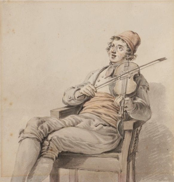 Attribué à Pieter BARBIERS le jeune (Amsterdam 1717-1780)
Le Jeune violoniste
Aquarelle sur traits de crayon noir.
(Trace d’un ancien montage sur les bords et quelques rousseurs).
25,5 x 24,5 cm