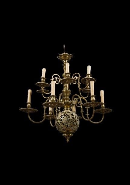 Lustre hollandais en laiton verni à douze lumières sur deux rangs ; (monté à l’électricité).
Style du XVIIe siècle
H : 73 cm, L : 74 cm
