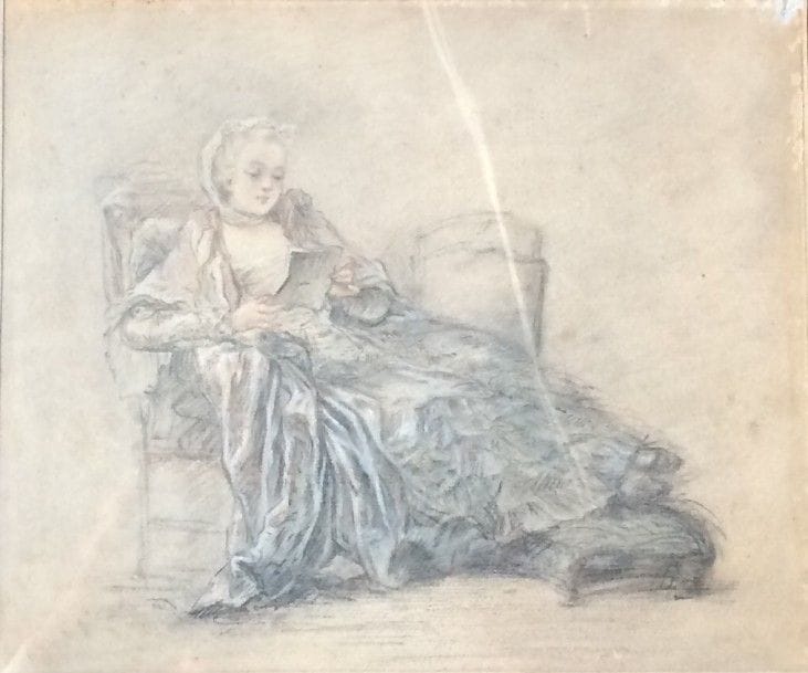 Dans le goût du XVIIIe siècle
Jeune femme à la lecture
Crayon, sanguine et craie blanche.
19 x 23 cm
