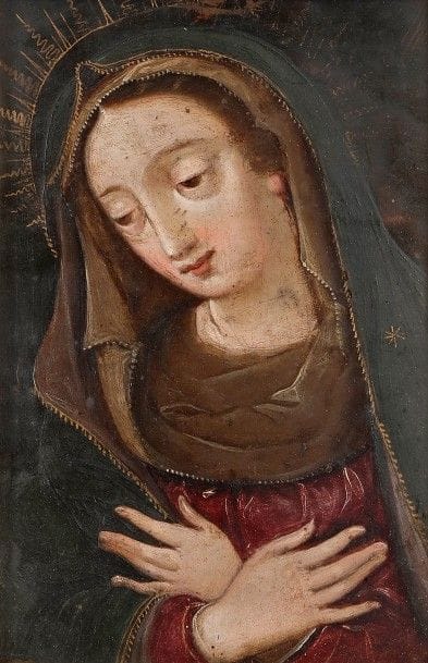 École FLAMANDE vers 1620
Vierge en prière
Cuivre
18 x 14 cm
Petits manques 

