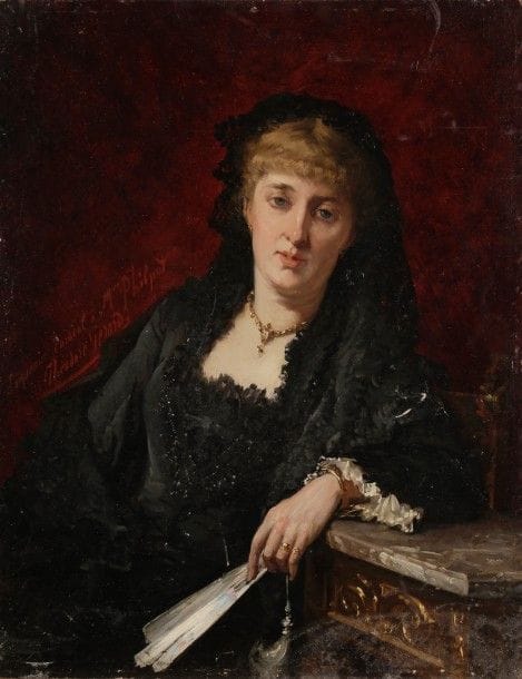Théodore GERARD 
(Gand 1829- Laeken 1895)
Portrait de madame Philipot
Panneau 
45 x 34,5 cm
Inscription : Souvenir cordial à Mme Philipot
Sans cadre
