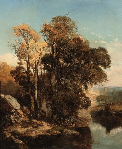 Georges Adelmard BOUET (1817-1890)
Enfants au bord de la rivière, 1846
Huile sur toile.
Signée, datée et située «Caen» en bas à droite.
(Rentoilage).
92 x 73 cm