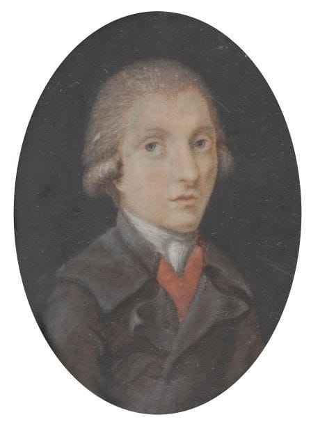 Portrait d’homme en costume marron et gilet rouge
Portrait d’homme en costume gris et gilet rouge
Miniatures sur ivoire, époque Directoire, fin du XVIIIe siècle
Ovales à vue 5,9 x 4,7 cm, et 5,5 x 4,7 cm (tâches) dans des cadres ovales XIXe siècle en bois et laiton doré, 8,5 x 7,3 cm
On y joint une petite vue de Venise avec la Madonna della Salute, XXe siècle, rect. 4,1 x 5,2 cm signée au dos « N. Cordovedo », huile ? (craquelures), cadre en bois vernis à visière de laiton.
