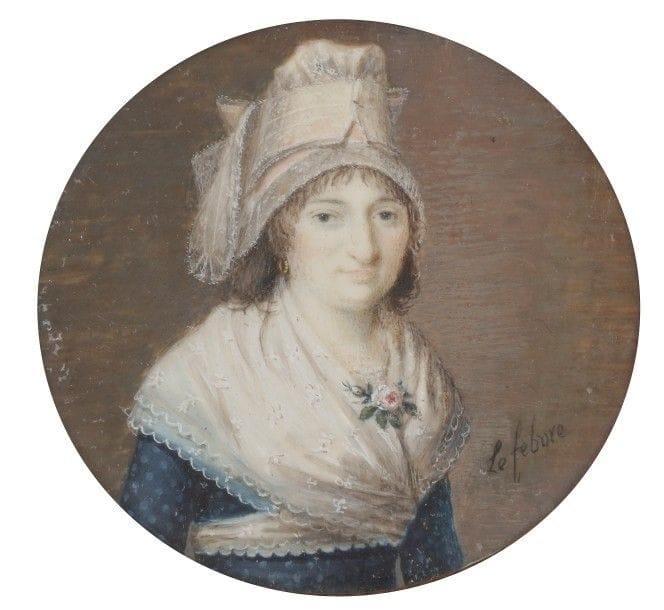 LEFEVRE (actif fin du XVIIIe siècle)
Portrait de femme en coiffe régionale (Normandie ?), foulard croisé sur sa robe bleue à pois, peut-être une actrice en costume de fermière (comme dans Catherine ou la belle fermière de Julie Candeille).
Miniature sur ivoire, fin du XVIIIe siècle
Signature renforcée en bas à droite : Le febvre
(Verre malade ; restauration dans les fonds)
