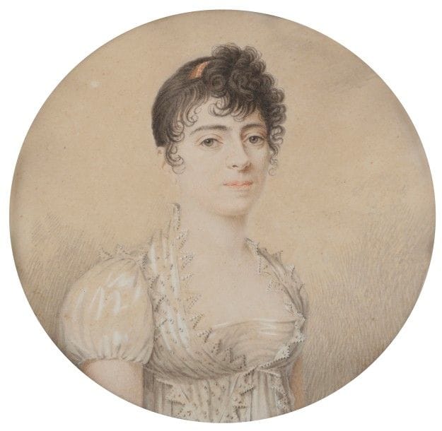Charles-Balthazar-Julien FEVRET de SAINT-MEMIN (Dijon, 1770 - Dijon, 1852 )
Portrait de Mlle Adélaïde de Saint-Mémin, sœur de l’artiste, à mi-corps vers la droite, en robe blanche Empire à taille haute et col échancré.
Grande miniature sur papier ou carton, époque Empire, diam. 10,8 cm
Au revers, identification et datation manuscrites anciennes : « Portrait de Melle Adelaïde de/St Mémin, fait par Mr Julien/de St Mémin, son frère, en/Amérique 1809 ».
Cadre en bois bruni à visière de laiton doré,
rect. 18 x 17,5 cm
Julien Févret de Saint-Mémin s’est rendu célèbre aux Etats-Unis par son exploitation du « physionotrace » qui lui a permis de réaliser et de graver plusieurs milliers de portraits de profils des Américains de l’époque. Une grande collection de ses physionotraces est rassemblée à la National Portrait Gallery à Washington.
Bibliographie: Ellen G. Miles, Saint-Mémin and the Neoclassical Profile Portrait in America, National Portrait Gallery.
(Légèrement piquée)
