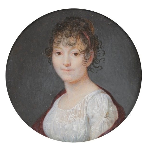 Entourage de Louis François AUBRY
Jeune femme en robe de dentelle blanche et châle rouge sur l’épaule, en buste de trois-quarts à gauche, à la mode sous le Consulat
Miniature sur ivoire, vers 1800, diam. à vue 6 cm
Cadre en bois noirci, rectangulaire 12,5 x 11,6 cm
(Miniature en bon état ; cadre restauré).
