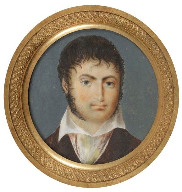 Portrait d’Homme, un artiste ?, en chemise blanche à large col et costume marron
Miniature sur ivoire, début du XIXe siècle
diam. 9 cm ; cadre en bronze doré, diam. 11,4 cm
(Restaurations)
