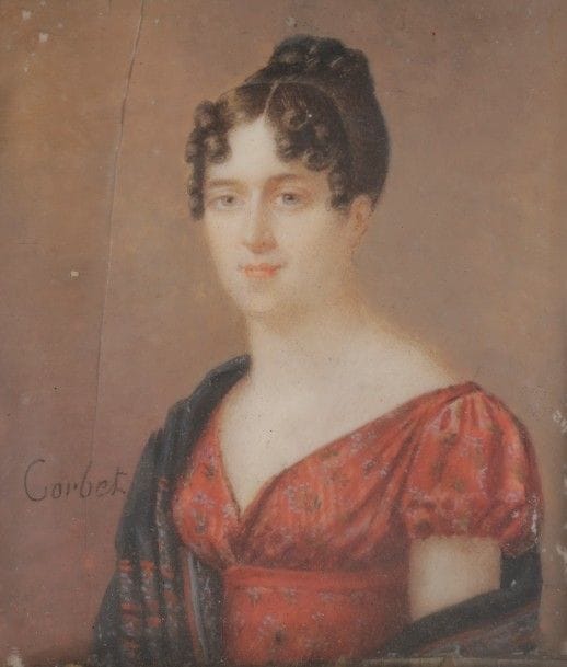 Edouard Joseph CORBET (Douai, 1772 - Paris, 1825).
Portrait présumé de la générale Andréossy née La Tour Maubourg, en robe rouge à motifs de fleurettes et châle de cachemire.
Miniature rectangulaire sur ivoire, époque Empire, à vue 8,5 x 7,5 cm, (gondolée, fente verticale à gauche n’affectant pas le sujet). 
Identification au stylo au verso.
Fille du marquis Marie Charles de la Tour Maubourg, comte d’Empire et pair de France, Marie-Florimonde-Stéphanie de Faÿ de la Tour-Maubourg (30 septembre 1790 - 21 février 1868), épousa le 15 septembre 1810 le général Antoine Andreossy (1761- 1828), général de division en 1800, comte d’Empire.
Cadre XIXe siècle en laiton et bois vernis noir (petits accidents).
