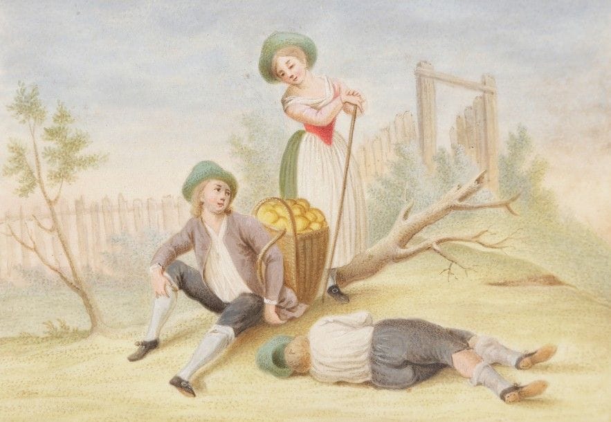 Peter (Pierre) MAŸR (Fribourg en Brisgau, 1758 - Munich, 1836)
Deux miniatures sur vélin dans un Album Amicorum de 1801. 
Album Amicorum relié en cuir fauve marqué au petit fer en doré sur la couverture « GERARD « et sur la tranche » Souvenir de mes amis «, dans son étui en carton, rect. 10 x 17 cm ; environ 75 feuillets non paginés dont 8 manuscrits de divers amis en français ou en allemand localisés à Augsbourg et Strasbourg en 1801, orné de deux miniatures sur vélin (peau de veau), signées et datées 1801.
