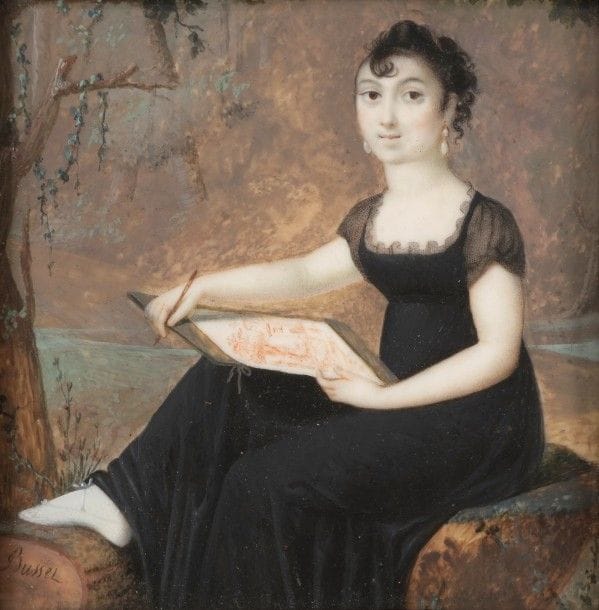 Mme G. BUSSET (active 1802-1818).
Jeune femme artiste, dessinant à la sanguine dans un paysage : Marie-Louise Geneviève Sevin, épouse de Etienne Pierre Bénard (1760-1822).
Miniature rectangulaire sur ivoire, époque Empire, à vue 10,3 x 10,1 cm
Signée en bas à gauche : Busset
Au revers : identification manuscrite ancienne « Marie-Louise Geneviève Sevin/ épouse de Etienne Pierre Bénard/ 1760-1822/ fille de Pierre Louis et de Marie Jeanne Guérin » ; et dédicace : « Madame Bénard/pour Paul Biser (?) ».
Cadre en loupe et bois de placage, 
rect. 17 x 16,6 cm
Peintre en miniature et dessinatrice, Mme Busset exposa aux Salons de Paris de 1806, 1808, 1810, 1812, 1814, 1817. Ses miniatures se rencontrent rarement. Elle est représentée dans les collections Tansey en Allemagne et du musée des arts décoratifs de Bordeaux.
