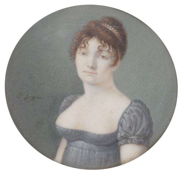 Jeune femme à mi-corps en robe grise sur fond gris, un peigne dans ses cheveux coiffés sur le front « à la noyade »
Miniature sur ivoire, XIXe siècle
Porte à gauche une signature : « P. Ingres »
Diam. à vue 7,6 cm
Cadre en velours grenat, formant chevalet, rect. 20 x 17,2 cm
