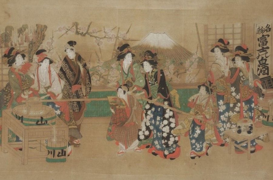 JAPON - XIXe siècle
Encre polychrome sur papier, jeunes femmes et enfants, devant le Mont Fuji. 
Non signée. 
(Petits accidents). 
Dimensions : 50 x 74 cm