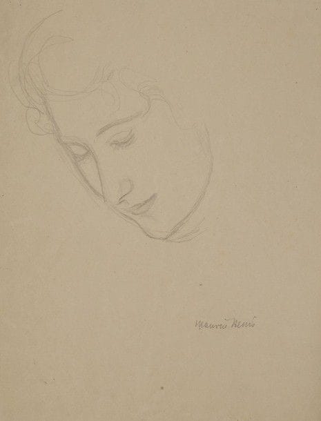 Maurice DENIS (1870-1943)
Tête de femme inclinée - Yvonne Lerolle, 1897
Dessin à la mine de plomb sur vélin chamois.
Signé à la mine de plomb. 
(Fines traces de plis épars). 
34 x 26,5 cm

Provenance : 
Collection H.-M. Petiet (avec son timbre).

Nous remercions Madame Claire Denis qui nous a permis d'identifier ce dessin. Il s'agit d'une étude préparatoire pour le tableau Portrait d'Yvonne Lerolle en trois aspects, huile sur toile de 1897, 170 x 110 cm, acquise en 2010 par le musée d'Orsay. Notre étude correspond à la figure de gauche du tableau.