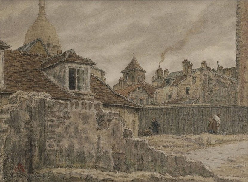 Henri RIVIERE (1864-1951)
Montmartre, la rue du Mont-Cenis
Dessin à la pierre noire et à l'aquarelle sur vergé.
Timbré en bas à gauche (Lugt 4909).
18,5 x 25 cm