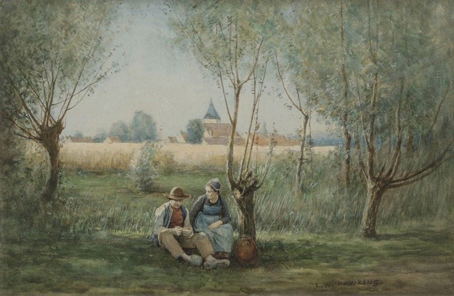 Louis-Welden HAWKINS (1849-1910)
Paysans au repos
Aquarelle.
Signée en bas à droite.
35 x 55 cm