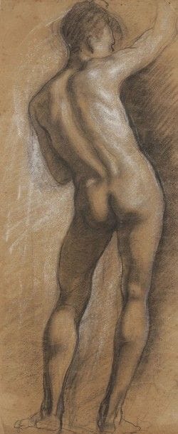 ÉCOLE FRANÇAISE du XIXe siècle
Étude d'homme en pied vu de dos
Fusain estompe et rehauts de craie blanche.
Esquisse au verso.
Trace de signature en bas à droite.
(Pliures, piqûres et petits trous).
62,5 x 25,5 cm