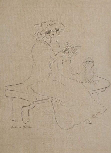 George BOTTINI (1874-1907)
Femme en chapeau lisant sur un banc, un chien à ses côtés, 1905
Dessin à la plume et à l'encre de Chine sur vergé mince.
Signé et daté en bas à gauche.
(Feuillet oxydé, avec filigrane très apparent en surface).
24,8 x 18,8 cm

Exposition : 
Scènes et figures parisiennes, Galerie Charpentier, Paris, 1943 (étiquette au dos).
