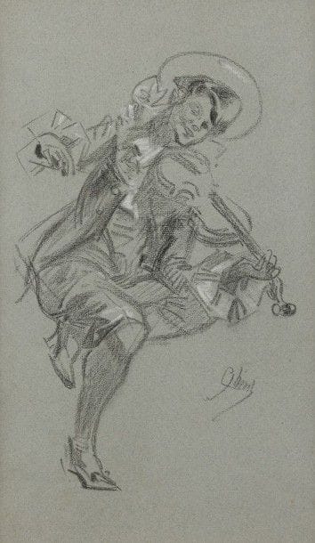 Jules CHÉRET (1836-1932)
Violoniste
Dessin au fusain et craie blanche sur papier bleu.
Signé en bas à droite.
32 x 19 cm