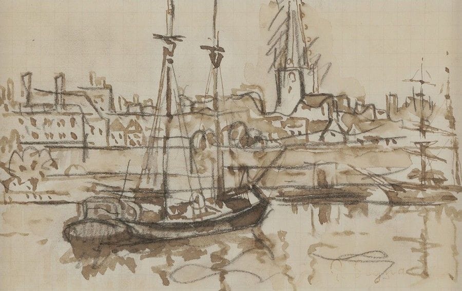 Paul SIGNAC (1863-1935)
Saint-Malo, bateaux dans le port
Lavis et sépia.
Porte le timbre de la signature en bas à droite (Lugt 2285b).
10,5 x 17 cm

Provenance : 
Ancienne Collection Jean Cottel.