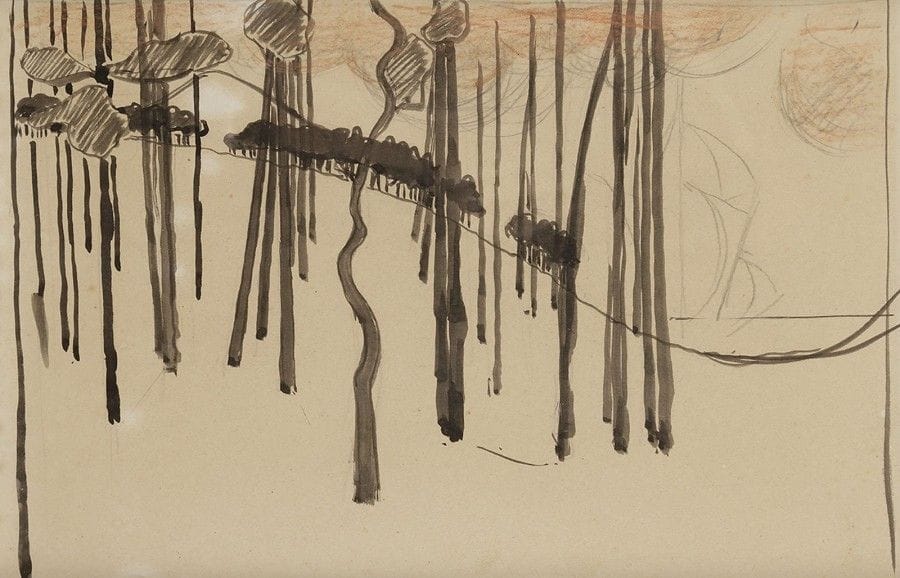 Henri Edmond CROSS (1856-1910)
Vallon aux arbres
Dessin à l'encre et crayon de couleur.
Non signé.
18,5 x 29 cm

Provenance : 
The Piccadilly Gallery, Londres (acheté en 1973).

Exposition : 
Henri Edmond Cross, Galerie de L'institut, Paris, juin 1960.

Bibliographie : 
Œuvre en rapport: Isabelle Compan, H. E. Cross, Paris, 1964, n°42 et n°43  page 133 et 134.

Notre dessin très schématique est une étude pour L'Air du Soir, vers 1893, 116 x 164 cm, conservé au Musée d'Orsay.
Ici, les personnages ne sont pas représentés. Il existe également une huile sur toile répertoriée sous le numéro 42 in Isabelle Compin, H. E. Cross, Paris, 1964, très proche de notre dessin, qui est elle-même une étude pour L'Air du Soir. Pour Isabelle Compin, ce tableau tient une place tout à fait à part: " Les hauts troncs d'arbres, droits et lisses, déterminent sur le sol des ombres au contour nettement délimité. Ainsi s'établit un jeu de verticales et d'horizontales auquel s'opposent les courbes qui résument de façon très large, la colline, le vallonnement du terrain au premier plan, la voilure du bateau, les jupes de femmes allongées " (Isabelle Compin, H. E. Cross, Paris, 1964, page 39).
