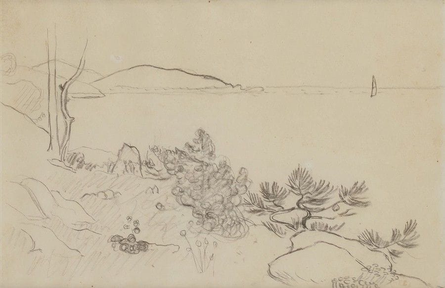 Henri Edmond CROSS (1856-1910)
Paysage méditerranéen
Dessin au crayon noir.
Porte le timbre de l'atelier en bas à droite (Lugt 1305a).
19 x 30 cm

Provenance : 
Ancienne Collection Jean Cottel.