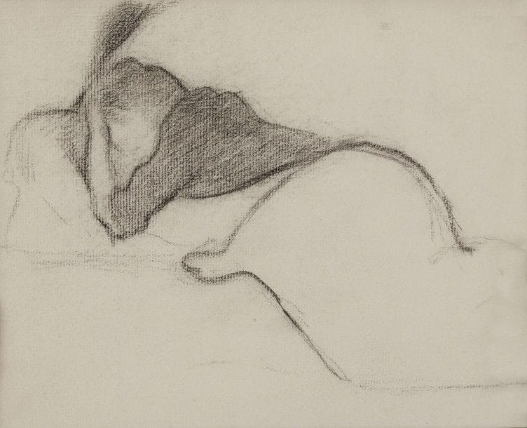 Henri Edmond CROSS (1856-1910)
Femme reposant, une main à la tête, vers 1900
Fusain sur vergé crème filigrané PL BAS.
Timbré deux fois en pied (Lugt 1305a).
(Infimes accidents au bord du feuillet en pied).
31 x 24 cm