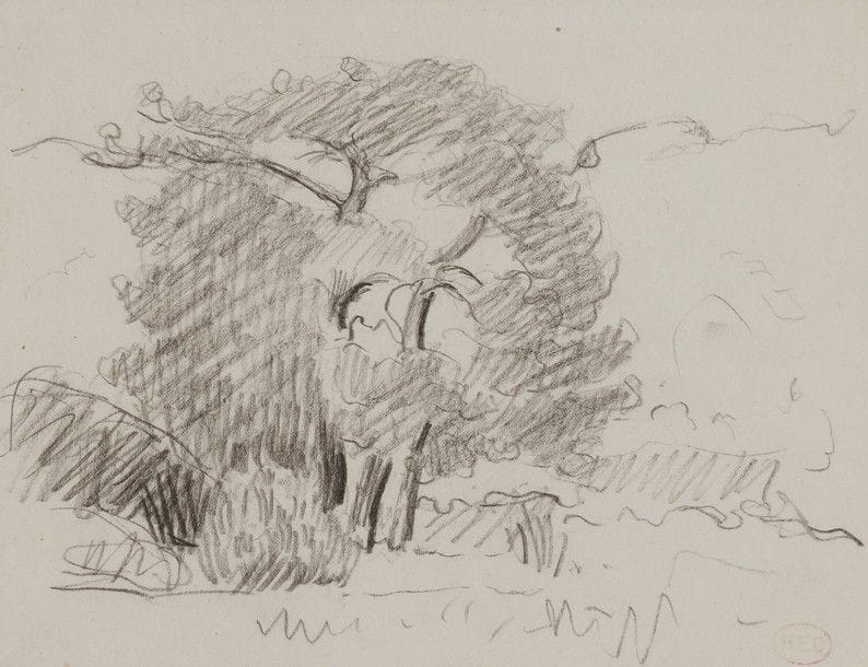 Henri Edmond CROSS (1856-1910)
Paysage à l'arbre
Dessin au fusain.
Porte le timbre de l'atelier en bas à droite (Lugt 1305a).
15 x 20 cm