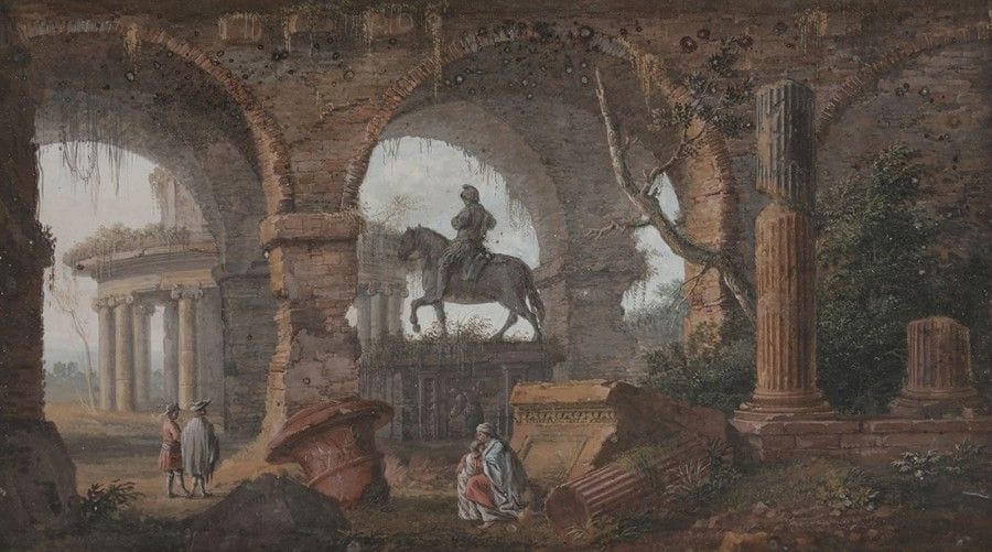 Charles François NIVARD (1739-1821)
Ruines animées
2 gouaches.
Signées et datées en bas à gauche 1777.
(Petites piqûres  et écaillures  sur les bords).
21 x 35 cm