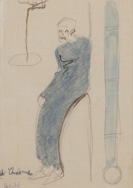 Auguste CHABAUD (1882-1955)
Tunisie, homme debout à l'hôpital, vers 1906
Dessin à la mine de plomb et aquarelle.
Porte le timbre de la signature en bas à gauche.
Annoté.
Étiquette de l'atelier au dos du montage.
21,5 x 15,5 cm

Nous remercions Madame Monique Laidi Chabaud d'avoir confirmé l'authenticité de cette œuvre.